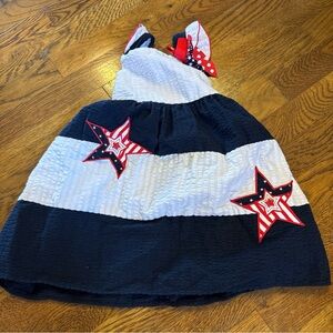 Girls Navy & White Stripe Sundress with Patriotic Star Appliqués